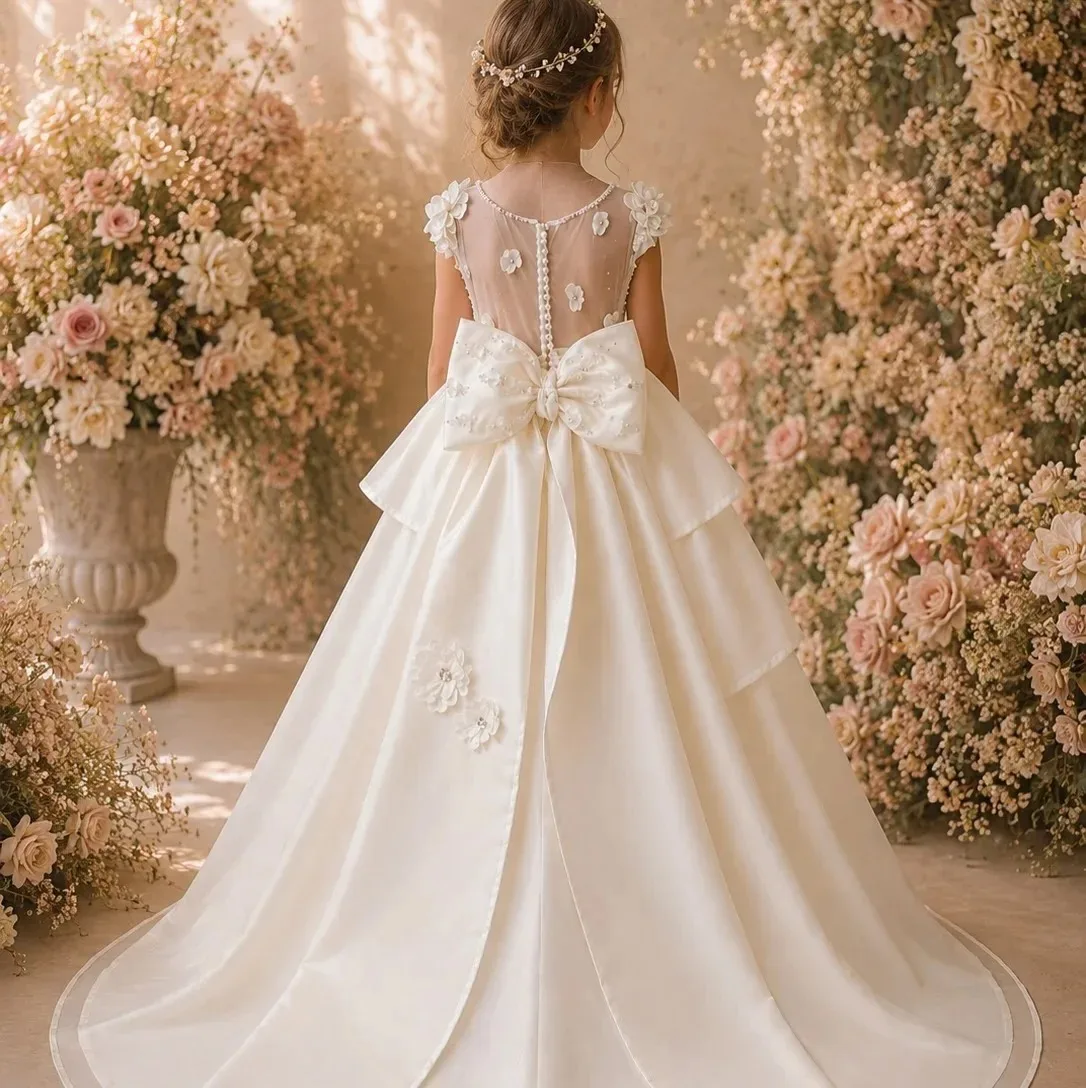 Maßgeschneidertes Prinzessinnenkleid für Blumenmädchen, Großhandel, für Hochzeiten, mit floralen Applikationen, bodenlang, aus Tüll, für die Erstkommunion, Festzug – Detail 6