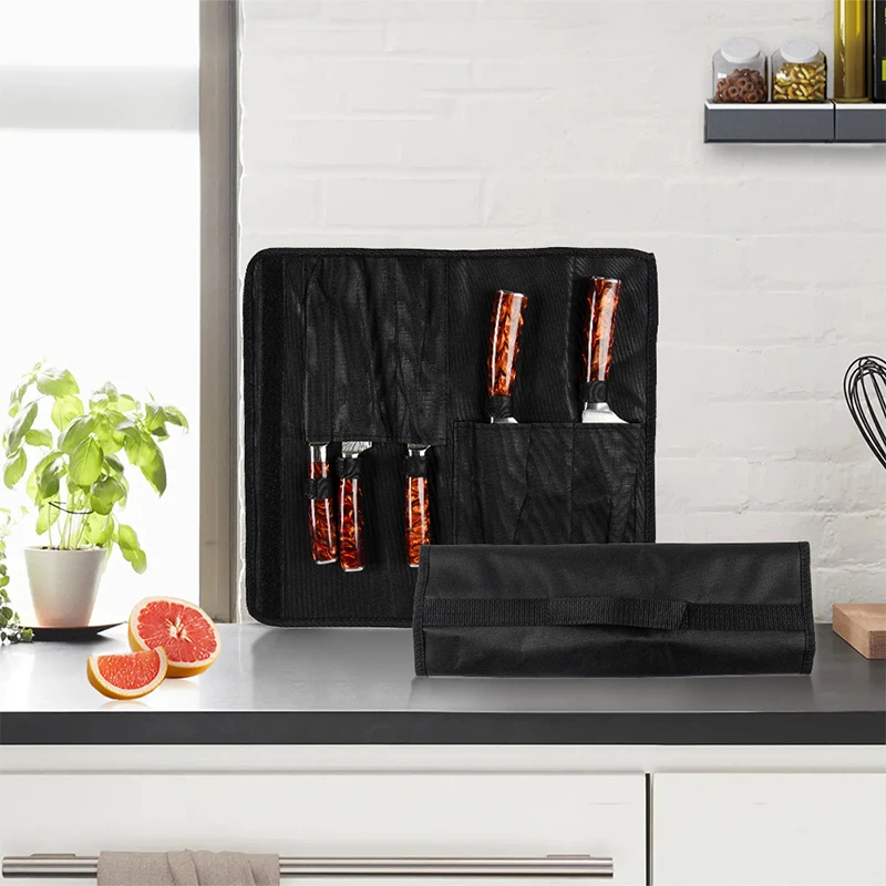 Chef Knife Handbag Waterproof Oxford Knives Roll Bag 5 Pockets Chef Knives Carry Case Portable Kitchen Knife Storage Roll Bag