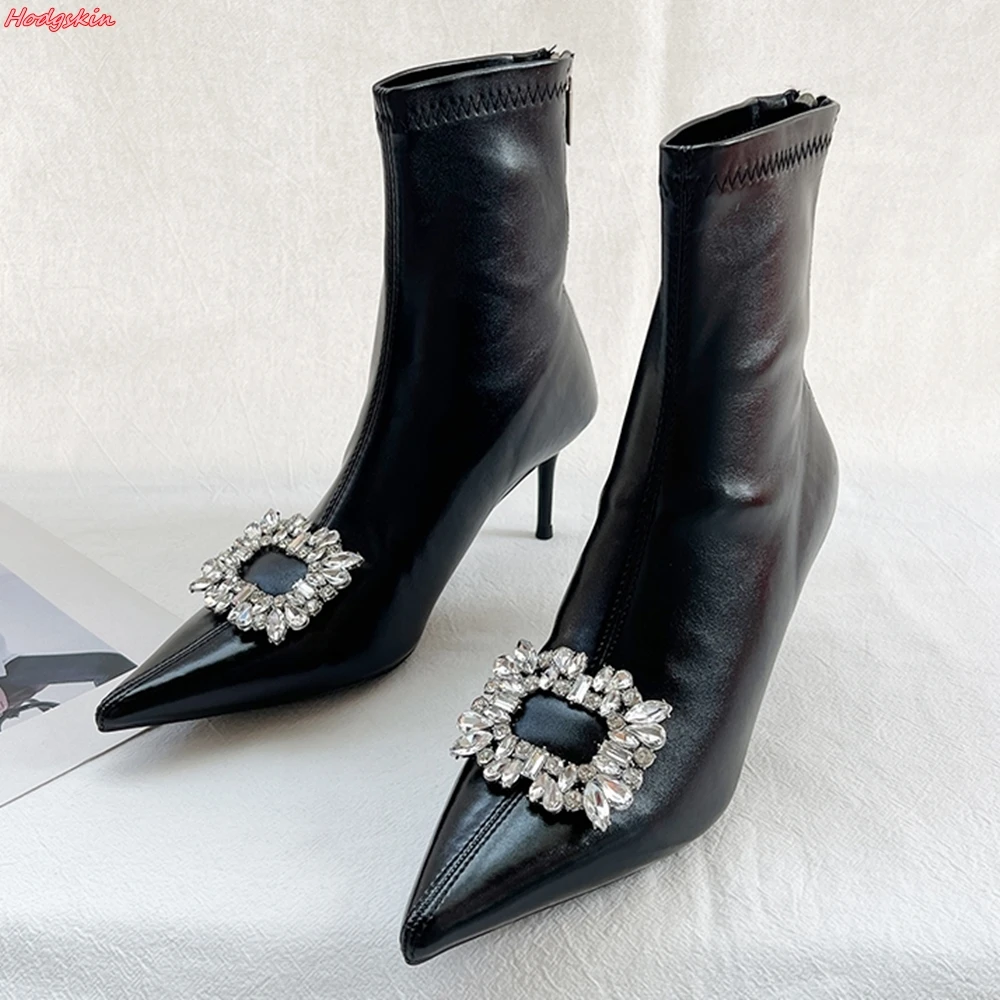 

Square Bling Crystal Buckle Boots Women Pointed Toe Sexy Stiletto Heels Back Zipper Elegant Mid Calf Boots Fashion Concise Boots