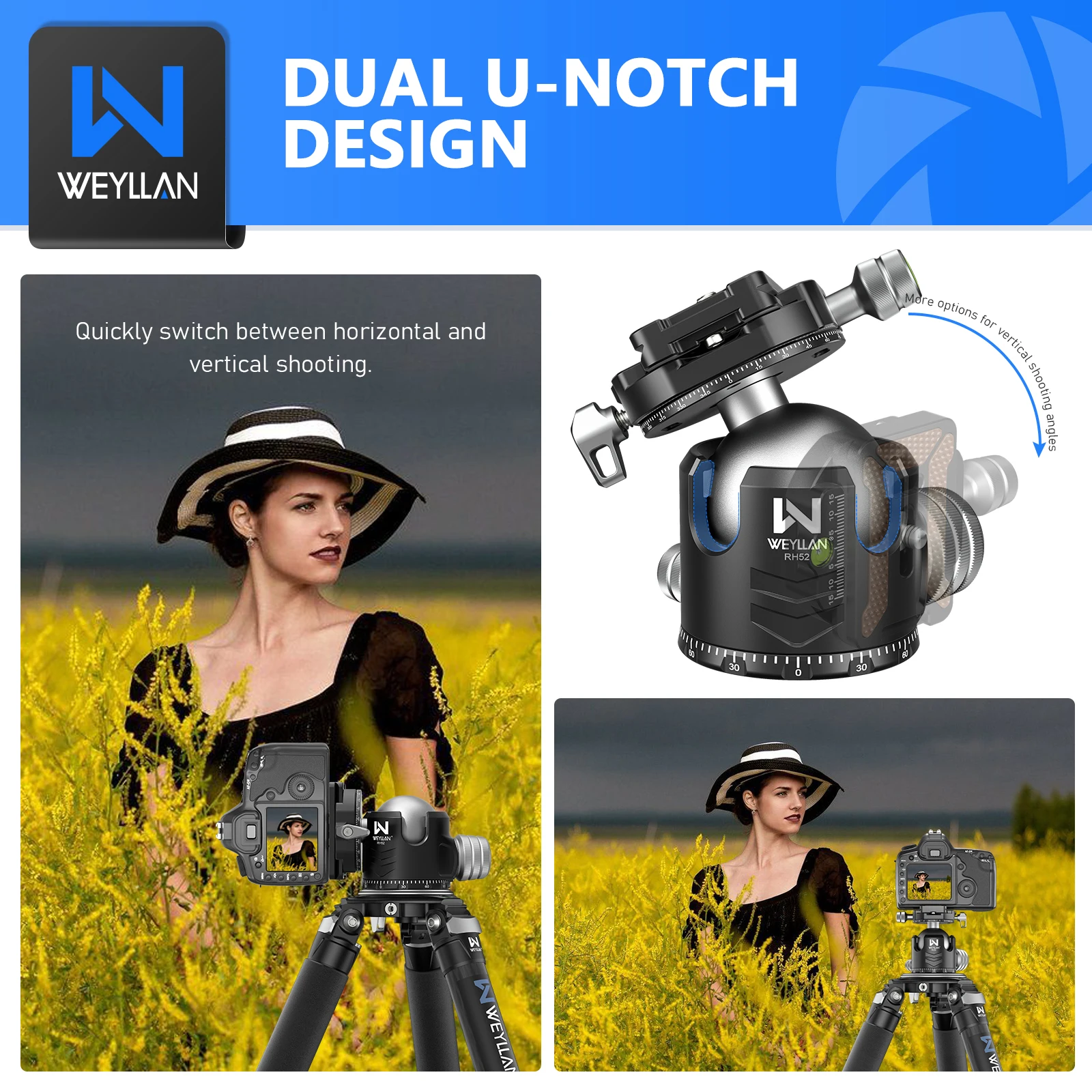 52mm Dual Panoramic Video Tripod Head Camera Ball Head Mount Arca Quick Release Plate Low Profile Ballhead for Tripod Monopod