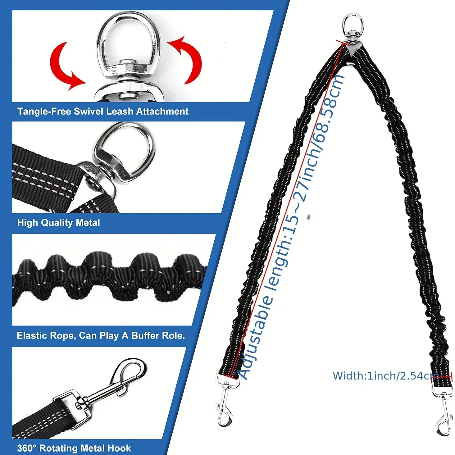 Black 2 Way Couplers Dog Leash Rope Elastic Extended Pet Leash Belt Outdoor Training for Two Double Small Medium Dogs Lead