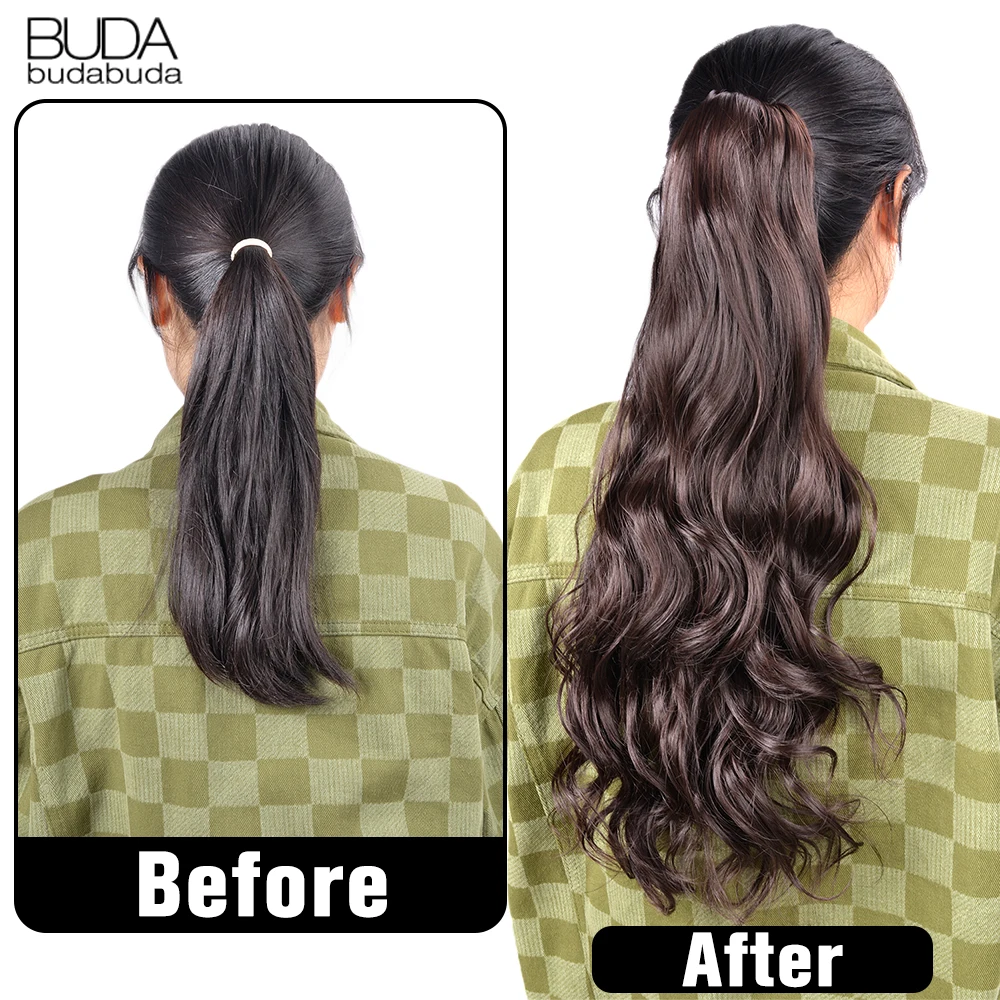 Buda-Extensão sintética do cabelo ondulado longo rabo de cavalo para mulheres, grampo da cauda do pônei, estilo encaracolado, cabelo garra