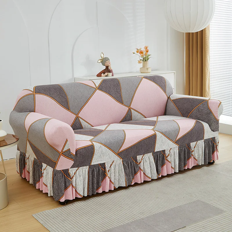 

1pc Stretch Sofa Slipcover Non-slip Sofa Cover With Skirt Geometry Couch Cover for Bedroom Office Living Room Home Decor
