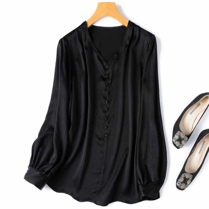 Women Silk Blouse 93% Mulberry Silk 7% Spandex 19 Momme Black V Neck Long Sleeve Pullover Top Shirt Office Lady M1455