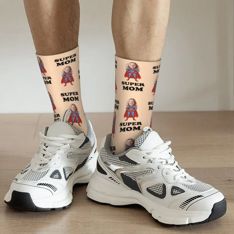Super Mom Custom Mens Crew Socks Unisex Fun Personalized Face Photo Print Spring Summer Autumn Winter Dress Socks