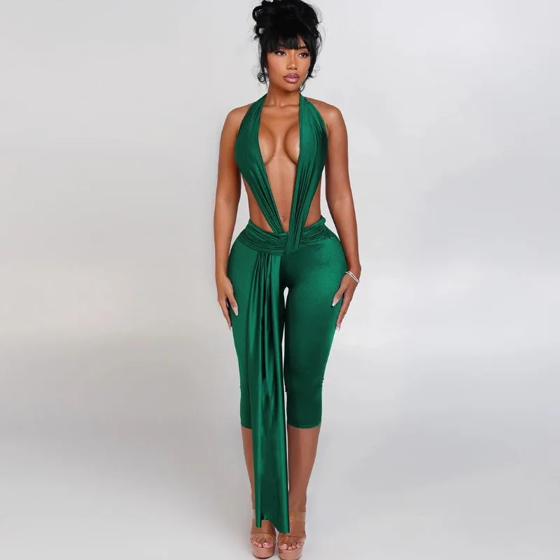 Hottie Shiny Ribbons Skinny Calf-length Jumpsuits Women Fashion Sexy Deep V Neck Sleeveless Lace Up Halter Backless Overalls