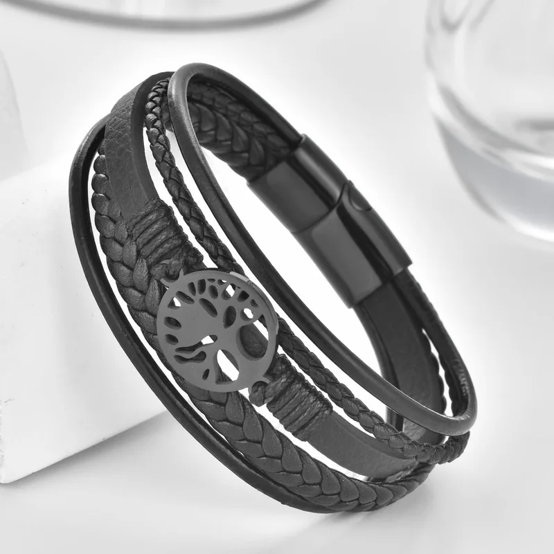 Leather Rope Cowhide Mens Double Layer Stainless Steel Genuine Leather Braided Bracelet Tree of Life Layered Leather Bangle