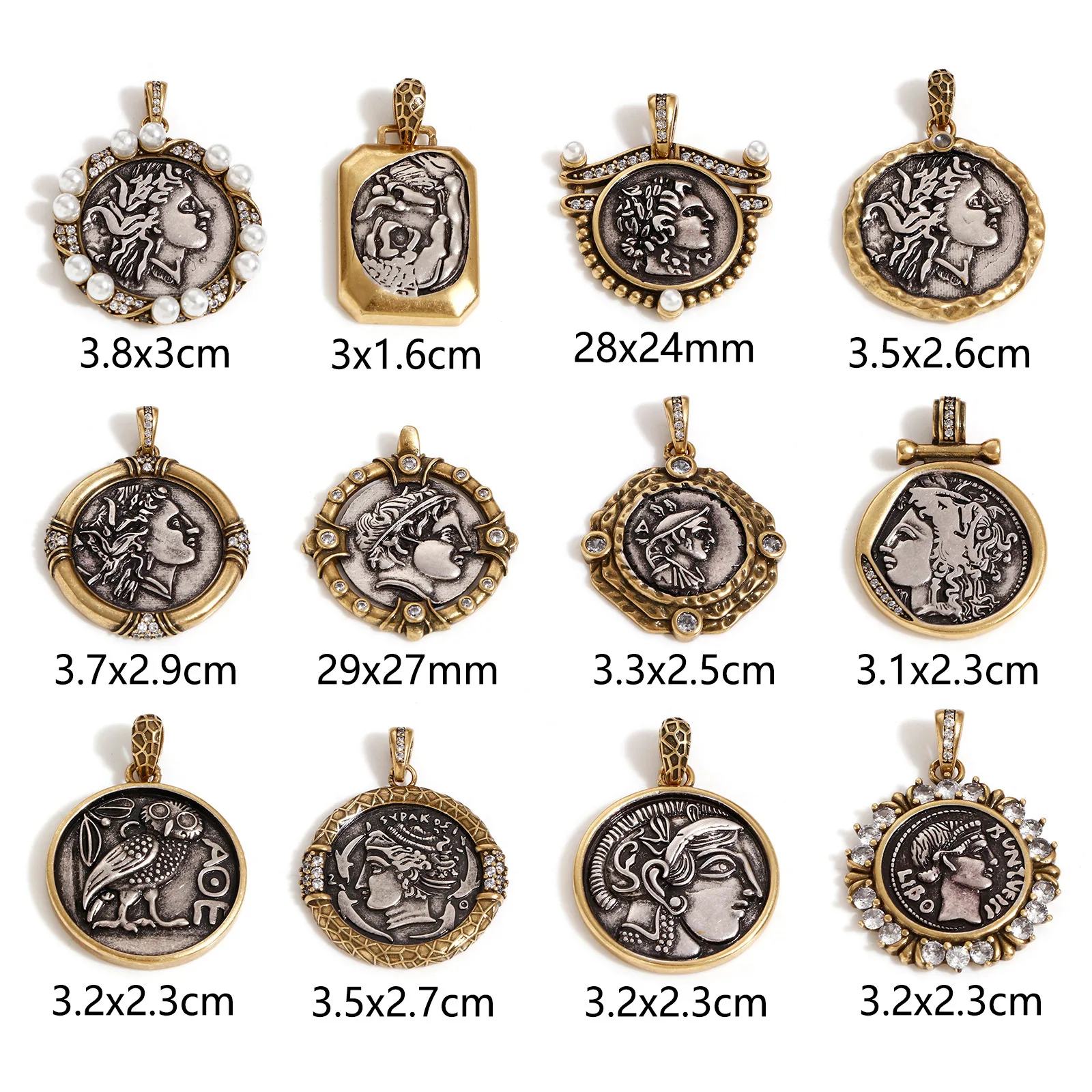 1-teilige Messing-Münzanhänger, antike Silberfarbe, antike Bronze, zweifarbig, Kopfporträt für DIY-Schmuckherstellung – Detail 1