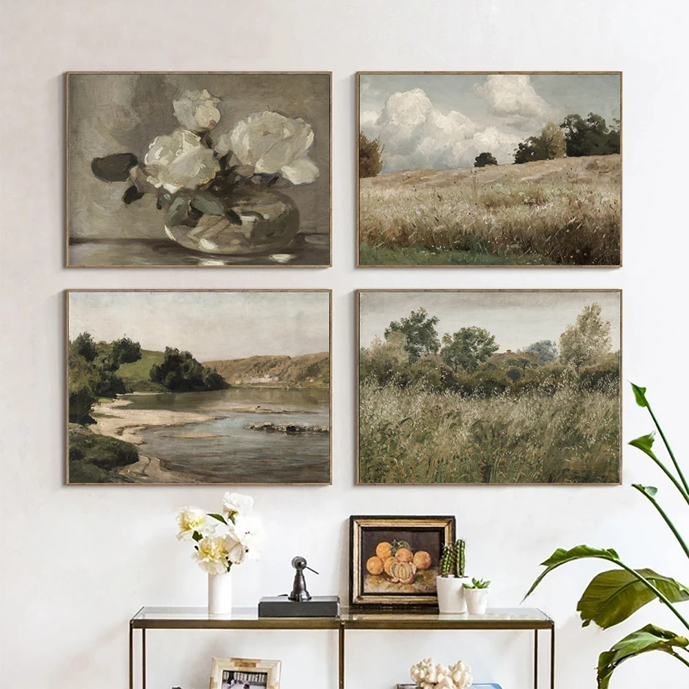 Vintage Neutral Coastal Seascape Art Prints Cottage Country Landscape Painting Canvas Posters Rural Gallery Wall Pictures Dec