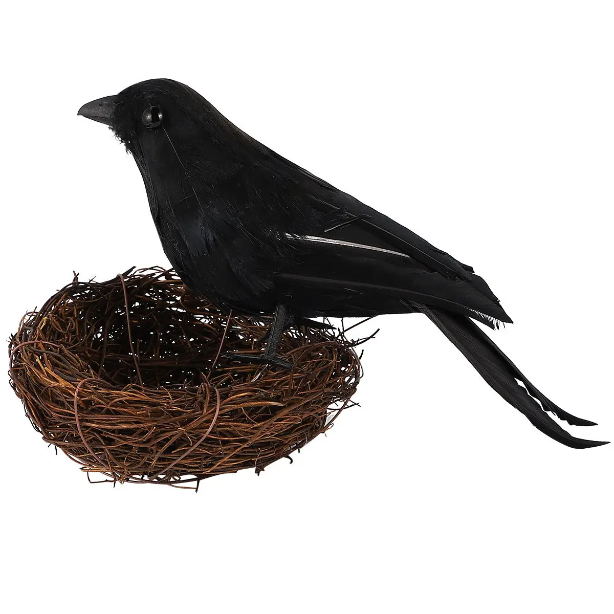 2Pcs Realistic Artificial Crow with Nest Halloween Decoration for Indoor Outdoor Garden Table Window Sill Lawn