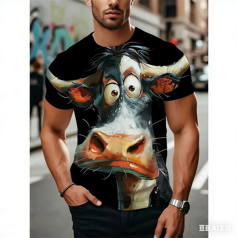 

Cartoon Animal Printed Men's T-shirt 3D Funny Cow Pattern Men Clothing Leisure Fashion Breathable Crew Neck Short Sleeve Tops