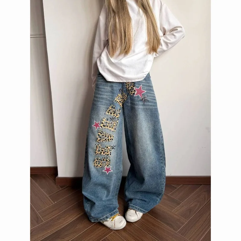 

Jeans Japanese 2000s Style Baggy Denim Trouser Harajuku Vintage Oversize Jeans Pants Summer Women's Light Blue Y2k Leopard Star
