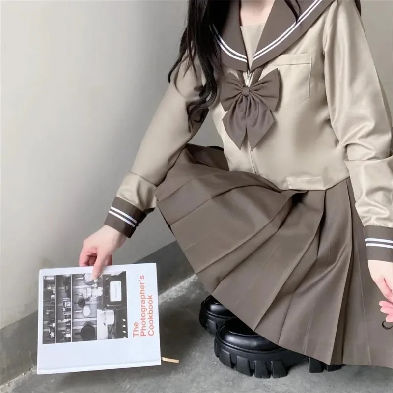 Girls' Japanese School Uniform JK Anime Cosplay Outfit Dark Brown Sailor suit Korean Top+ Pleated Skirt Set Fashion Costume