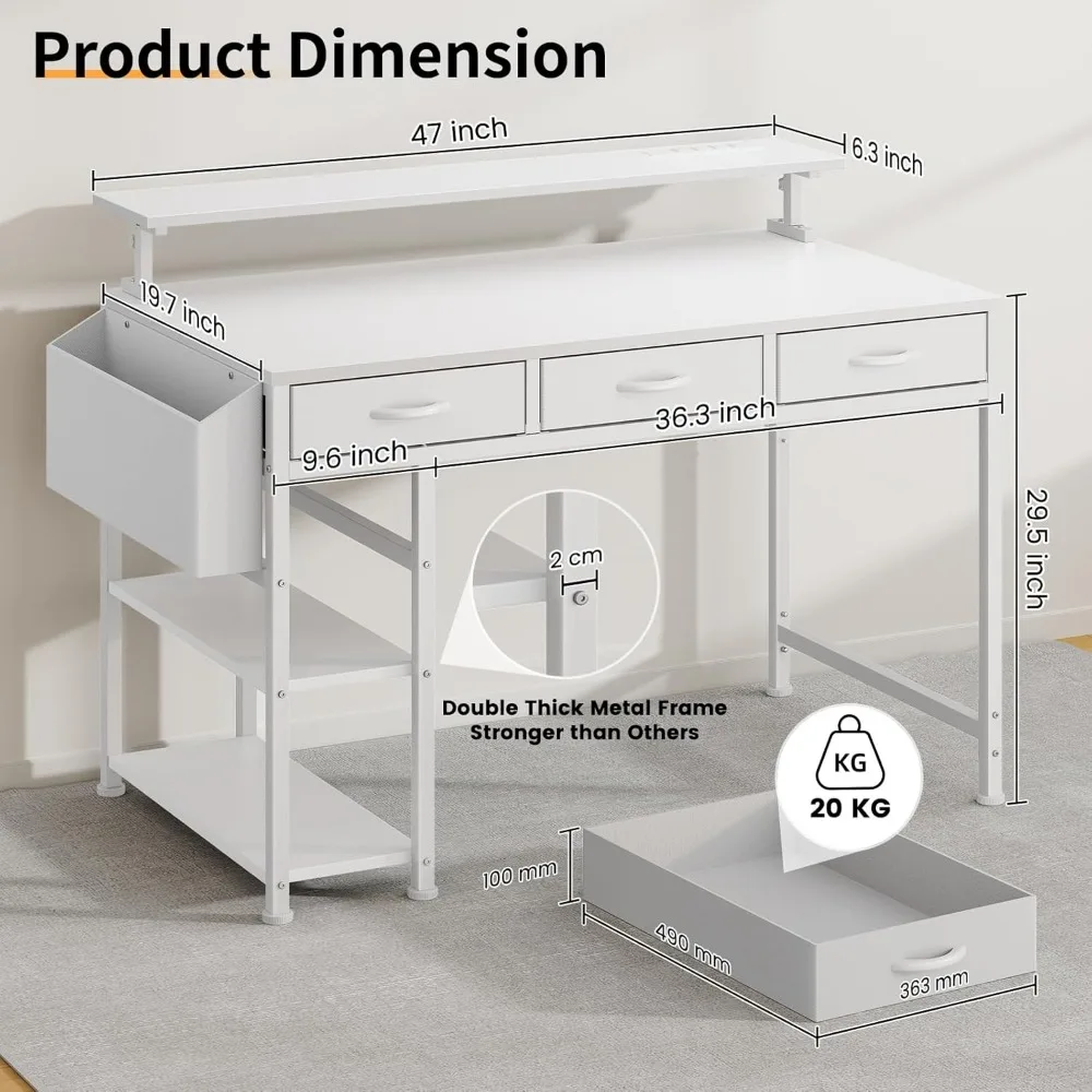 47 Inch Computer Desk with 3 Drawers, Gaming Desk with LED Lights and Adjustable Monitor Stand, Work from Home, Modern Work/Writ