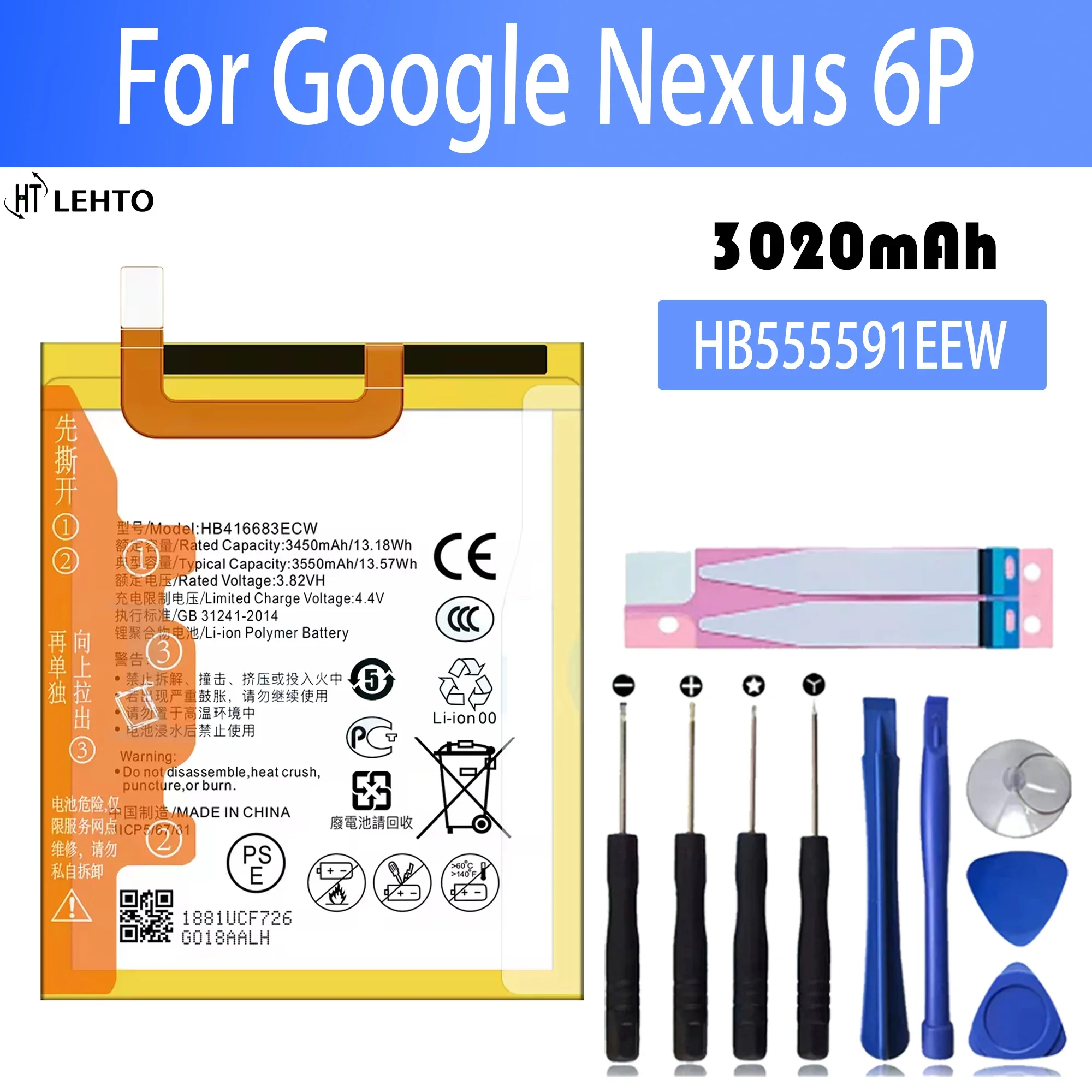 

100% New Original Battery HB416683ECW For HUAWEI Google Nexus 6P Battery + Free Tools