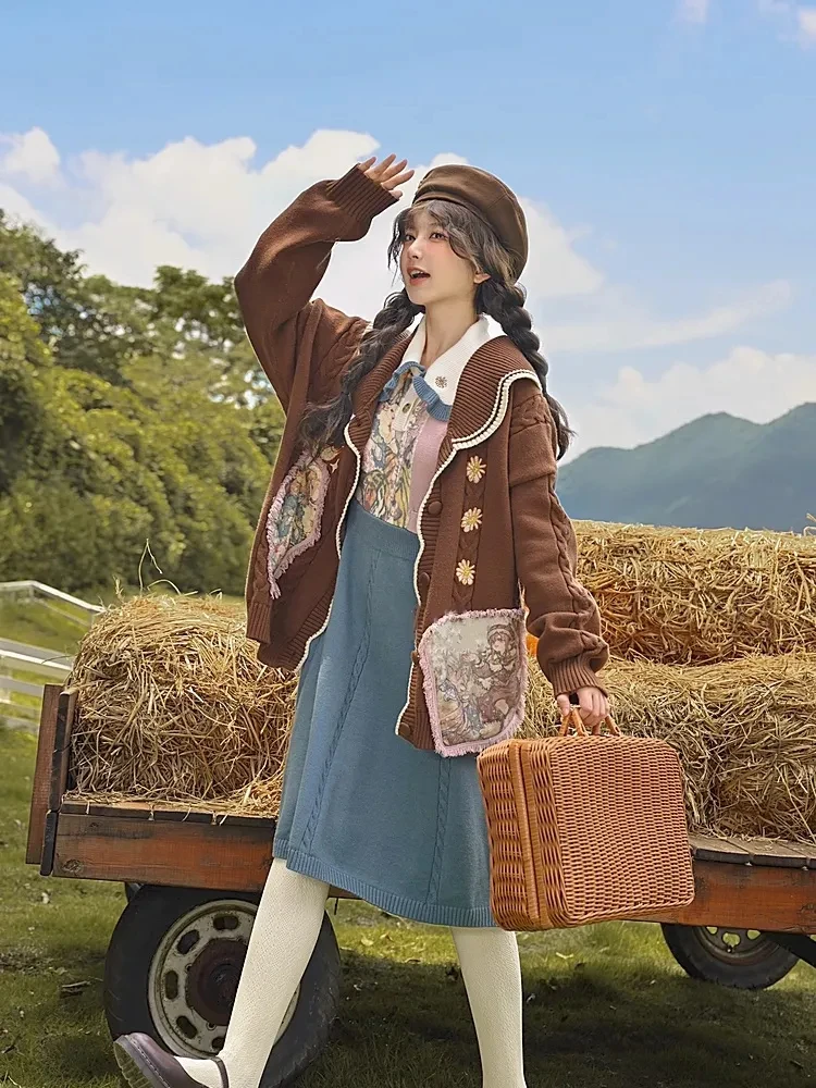 Kawaii Cartoon Jacquard Cardigan Women Vintage Jk Uniform Sweater Coat Autumn Winter Girls Y2k Knitted Tops Sueters De Mujer