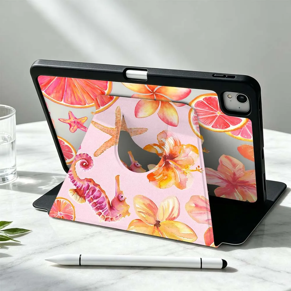 Art Flower Starfish Seahorse For iPad Pro Air mini 6 5 4 12th M5 M4 M3 M2 A16 A17Pro 360° Rotation Stylus Storage Tablet Case