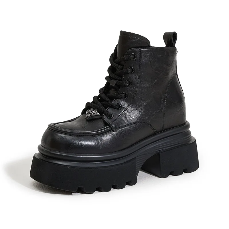 

10CM Microfiber Genuine Leather Ankle Boots Platform Motorcycle Chelsea Booties Women New Autumn Spring Zipper Chunky Sneakers