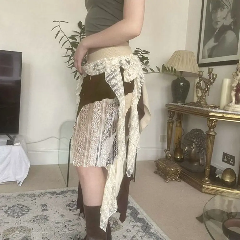 Mesh Flower Girls Short Mini Skirt High Waist Ruffle Lace A-line Skirt Teens Multi-layer Splicing Irregular Skirt Lady