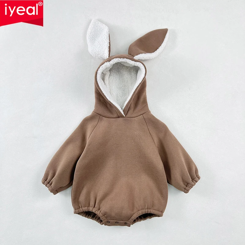

IYEAL Korean Baby Boys Girls New Winter Bodysuit Cute Rabbit Ear Fleece Hoodie Bodysuit For Outdoor Wear