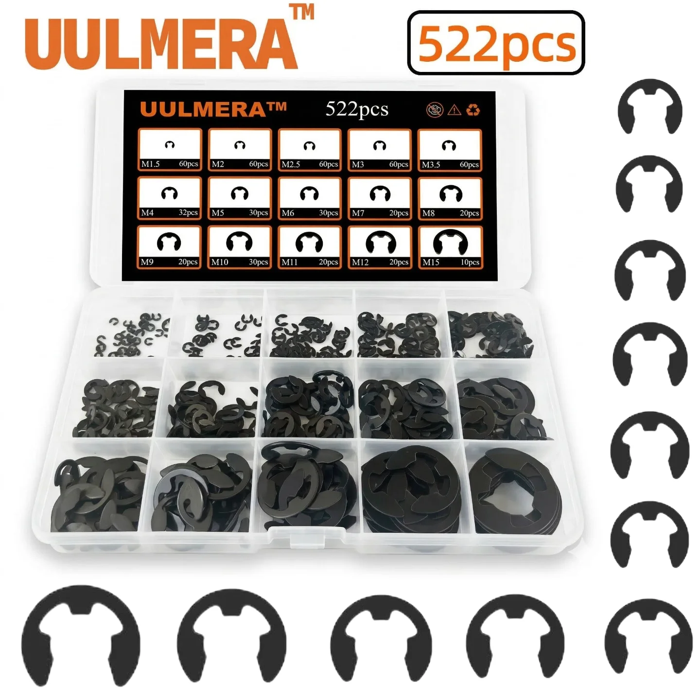 522/351/343/247Pcs  Alloys And 304 Stainless Stee E Clip Set External Retaining Ring Assortment Kit Metric Circlip