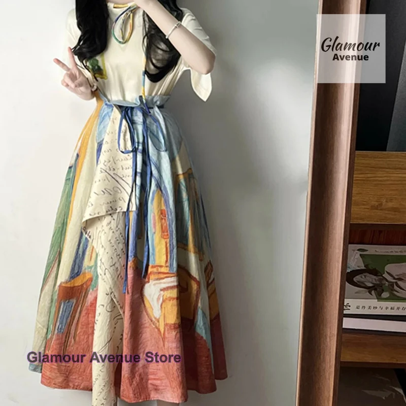 

French retro Van Gogh oil painting style irregular skirt female summer literary short-sleeved T-shirt female two-piece suit