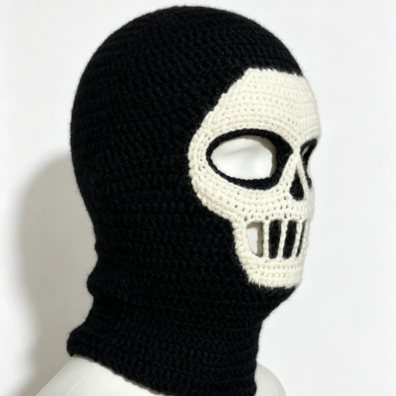 Handmade Black White Skull Balaclava Hat Men Custom Crochet Funny Knit Mask Full Face Cover Winter Warm Casual Cosplay Cap Women