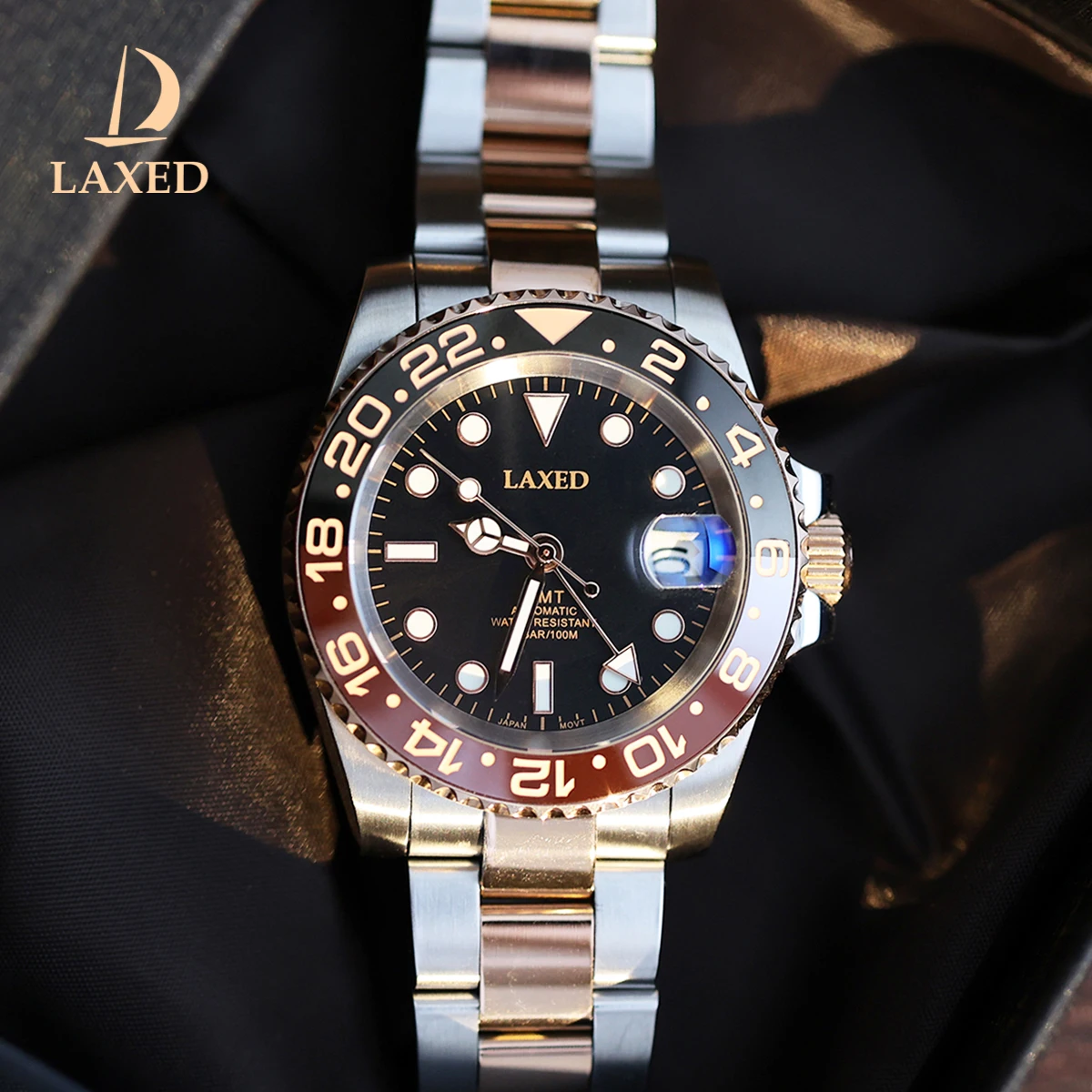 

L﻿AXED 40mm New NH34A Men's Automatic Watch GMT Luminous Black Dial Sapphire Crystal Automatic Date Bracelet Rotating Glass