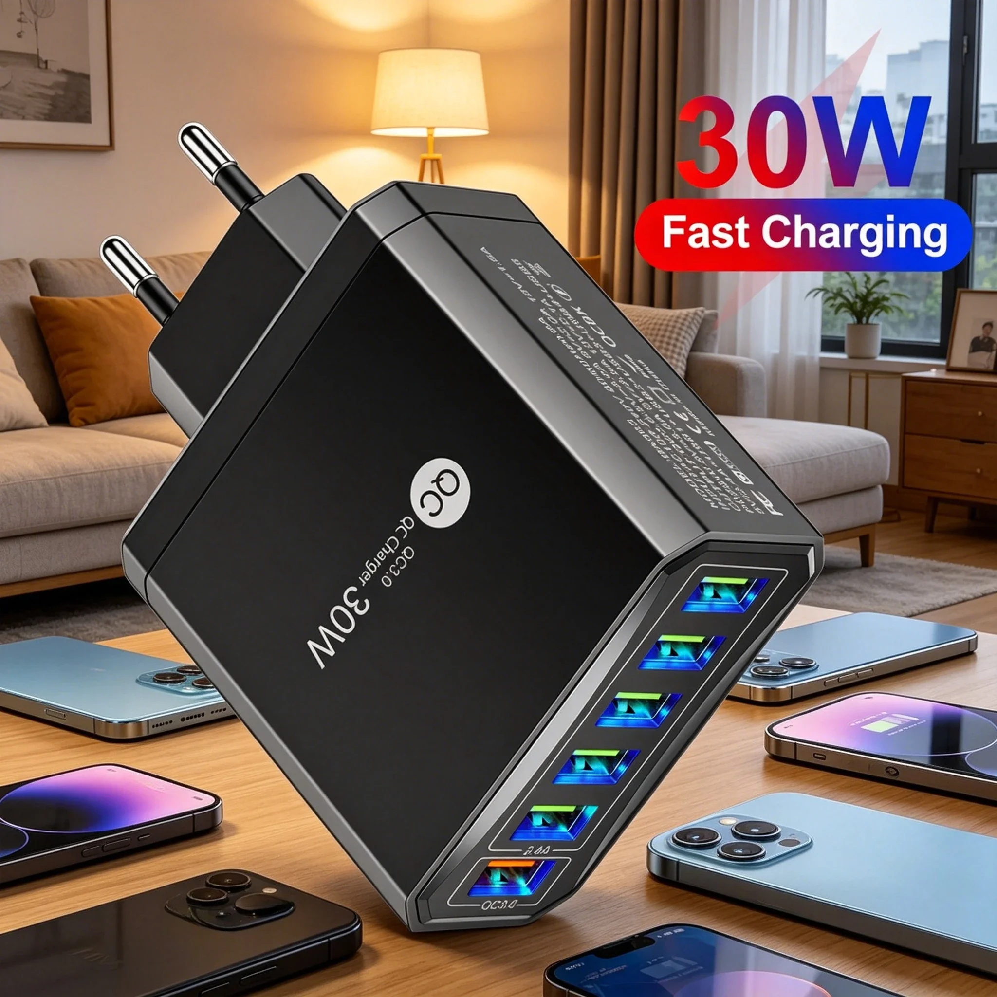 30W 6 Ports USB Charger Fast Charging Travel Charger USB Quick Charge 3.0 Phone Adapter For iPhone Xiaomi Samsung Phone Charger