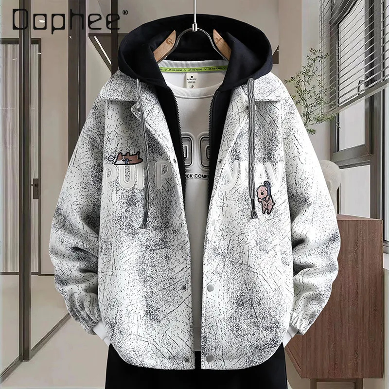 

2025 Spring and Autumn New Men's Gray Hooded Jacket with Cartoon Letter Embroidery Design Beige Loose Casual Jacket