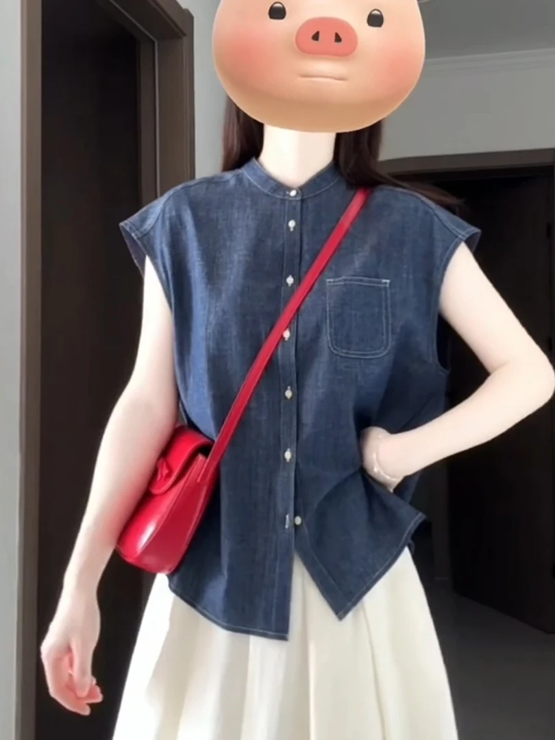 

Ретро японский Sle повседневный круглый Ne Denim irt женский летний свободный воротник маленький Flng Sve открытый кардиган irt