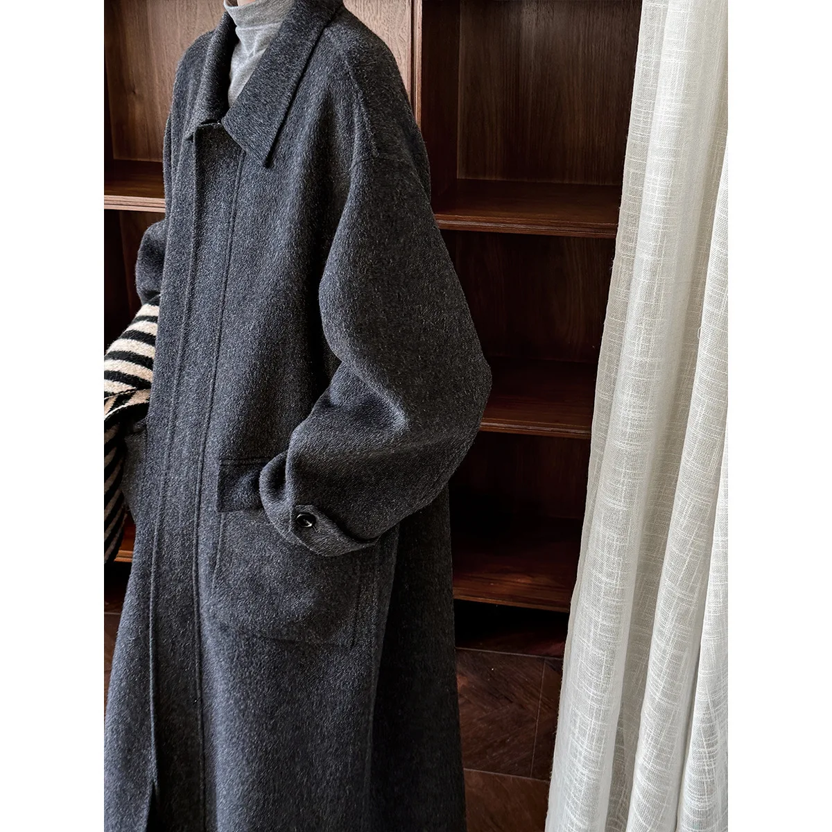UMI MAO High Quality Wool Lapel Zipper Double-sided Woolen Coat Women's Silhouette Double Patch Bag Long Warm Jacket