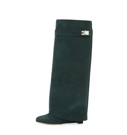 NONE Silber Metall Shark lock Kniehohe Stiefel Frauen Spitz Echt Leder Keil Erhöhen Höhe Hohe Ferse Schuhe Frau Botines Mujer 5