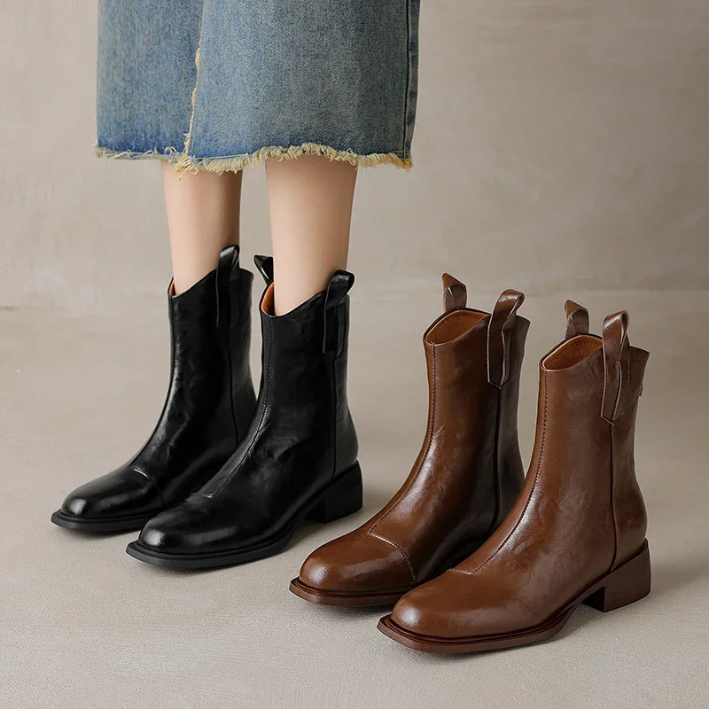 2024 New Genuine Leather Women Boots Winter Slip-On Carved Brogues Chelsea Boots Ankle Boots Women Shoes Modern Ladies Shoes