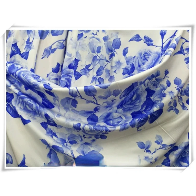 Swimsuit Elegant White Background Blue Rose Print, Excellent Drape Feeling High Elasticity Fabric Qipao Dance Costume Fabric