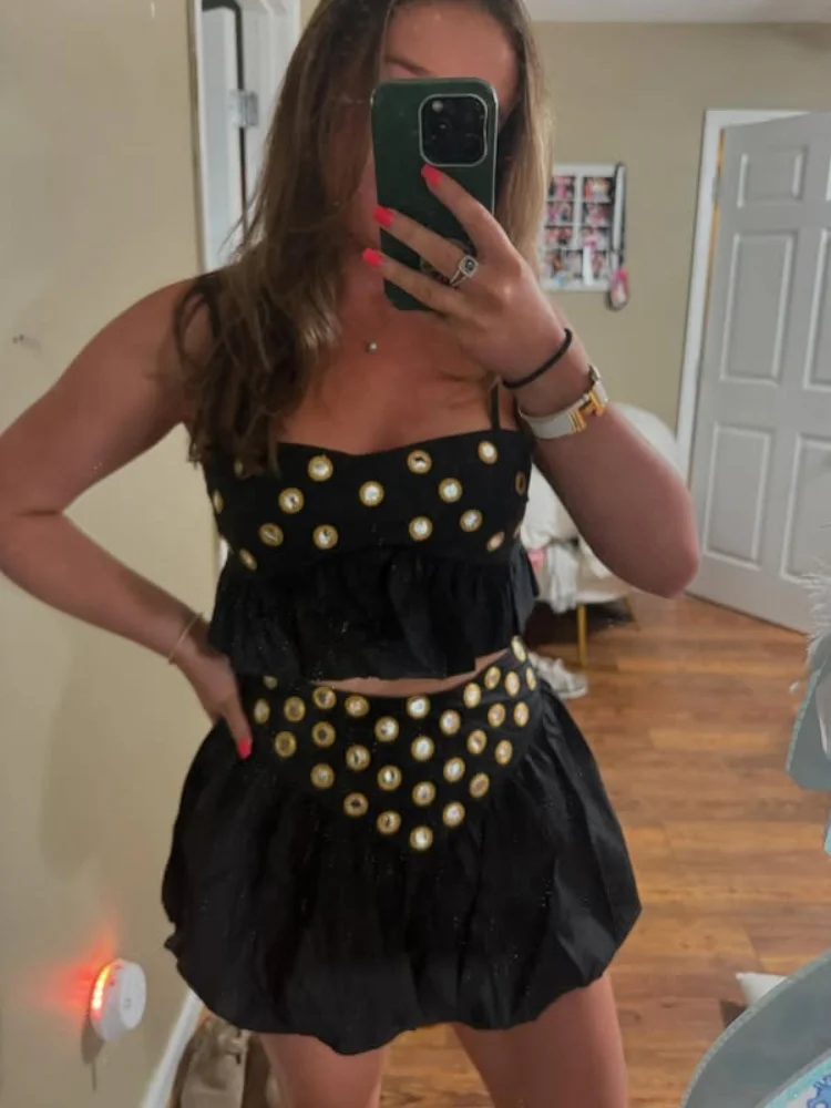 Sexy Sequin Top Skirt Party Set Women Strap Ruffle Solid Slash Neck Crop Tops Mini High Waist Bud Skirts  Fashion Summer Set image 2
