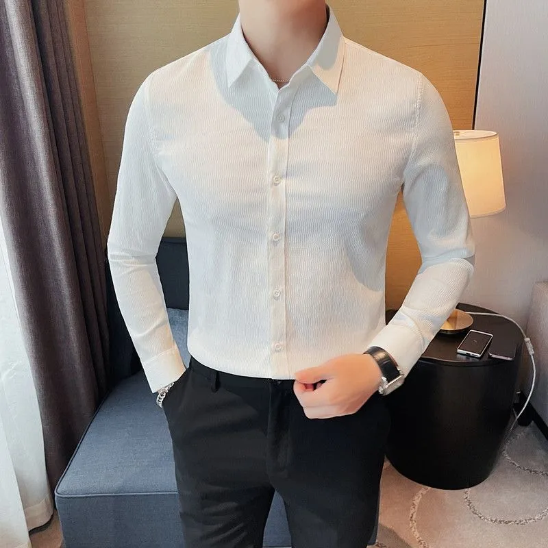 Men's Clothing Spring and Autumn high quality Wave Pattern Design Slim-fit Handsome Casual Klein Blue Long-sleeved Shirt