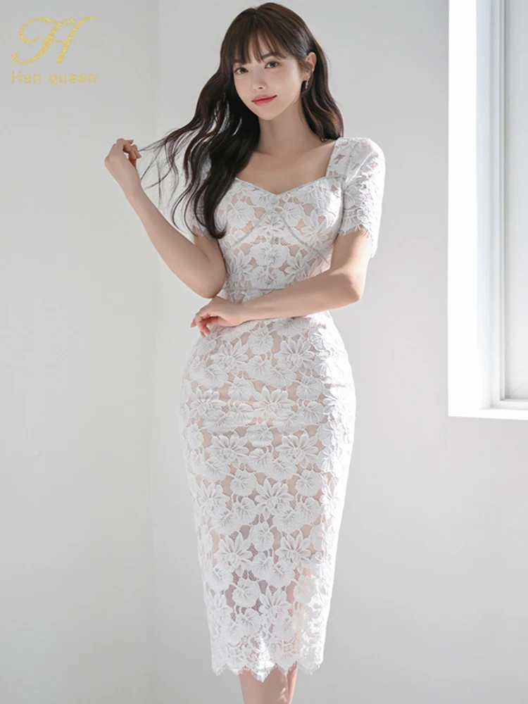 H Han Queen 2024 New Vintage Summer Vestidos Simple Chic Curved Drill Lace Office Casual Midi Dress Women Pencil White Dresses