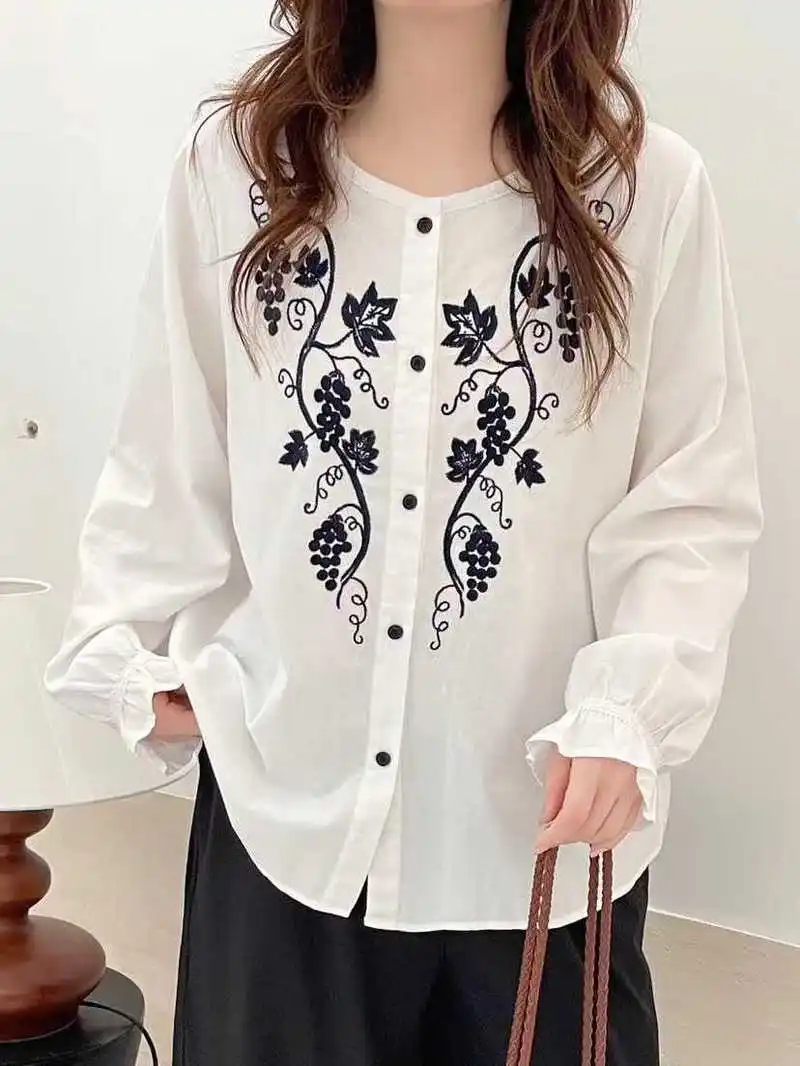 جديد 2025 الخريف قميص قطني بكم طويل ، المرأة س الرقبة التطريز ، موري فتاة ريترو اليابان نمط تنوعا بلوزة فضفاضة T59216CC