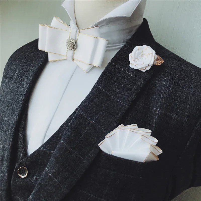 Fashion Bow Tie Brooch Set Men's British Business Banquet Formal Dress Shirt Accessories Wedding Collar Flower Pocket Towel Pins