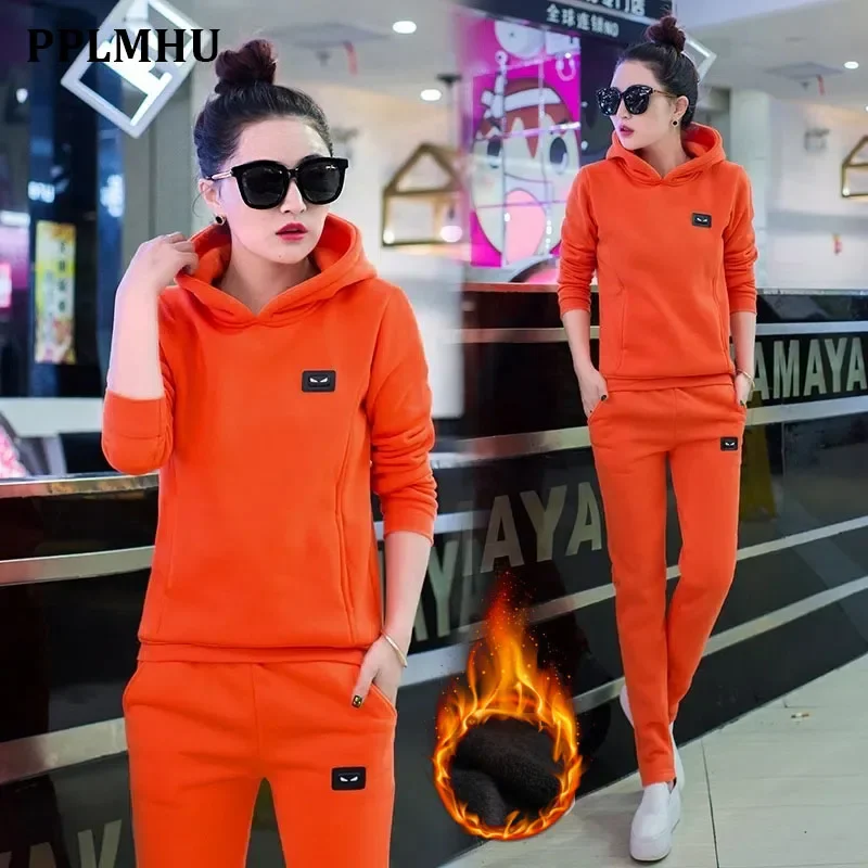 

Women Fall Winter Casual Tracksuit Outfit Korean Hooded Sweatshirt Pant Suit Plus Velvet Warm 2 Piece Set Ensemble Jogging Femme