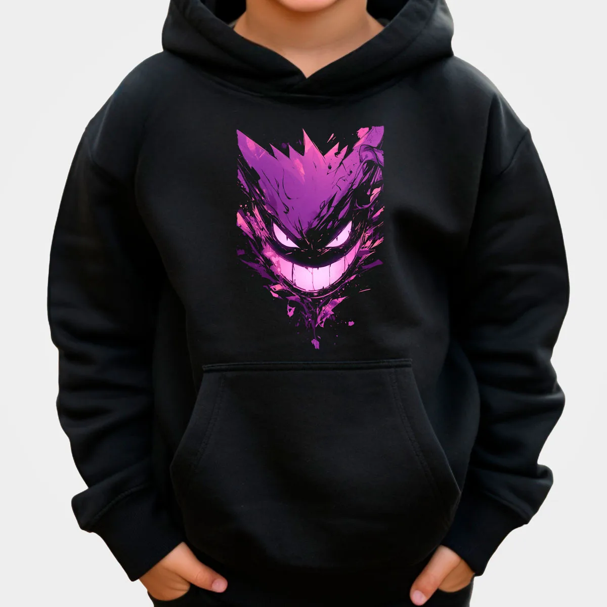 Pokemon Anime Gengar Baumwoll-Hoodie, Schwarz mit lila Geist, leuchtende Augen, Rot, Blau, Feuere Ausdruck, lockere Passform, lässig