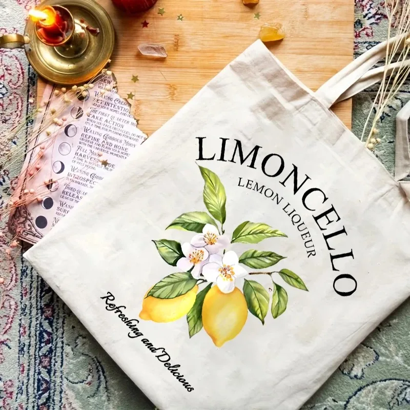 Lemon Print Canvas Tote Bag Harajuku Style Single Shoulder Bag for Students Casual Shopping Bag