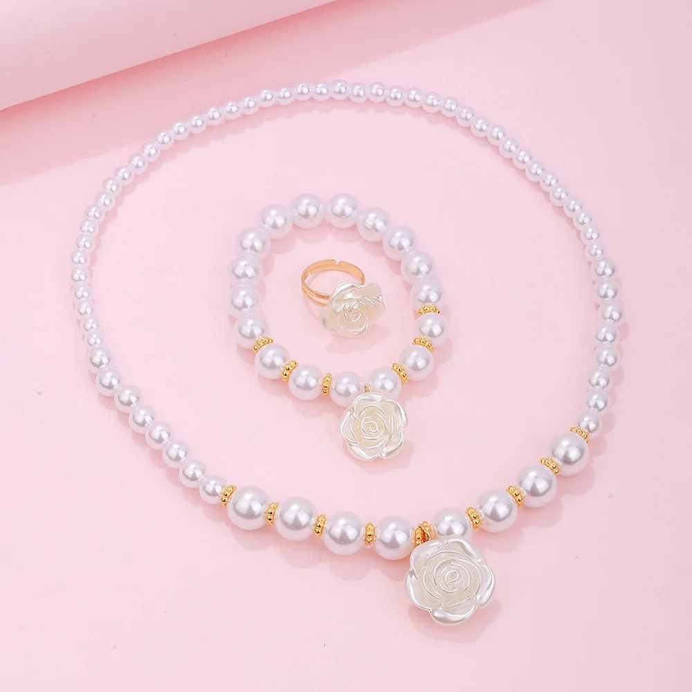 3pcs Set Cute Sweet Pearl Beaded White Camellia Flower Necklace Bracelet Ring for Women Girls Charm Children Jewelry Set Gift