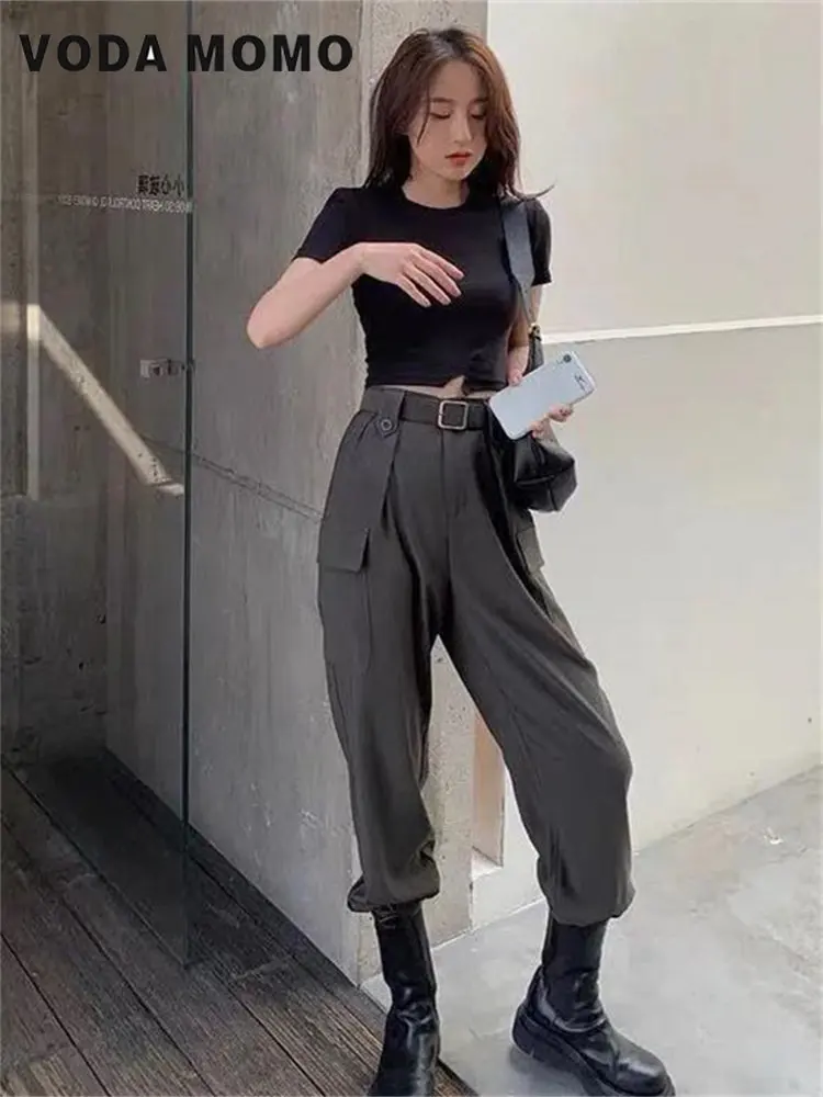 Women\'s Korean Style Cargo Pants Jogger Elastic Waist High Harajuku Straight Pants Females Pocket Wide Leg Elastic Streetwear