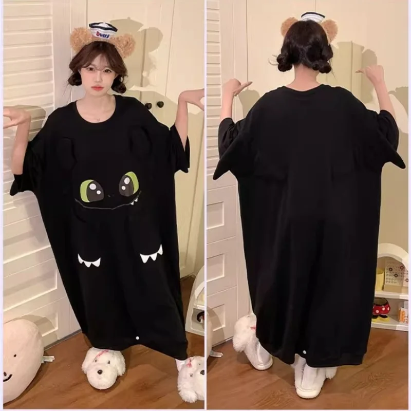 Pkm Cute Pink Cartoon Pattern Cotton Pajama Dress Plus Size Short Sleeve Loose Nightgown Summer Sleepwear For Women Home