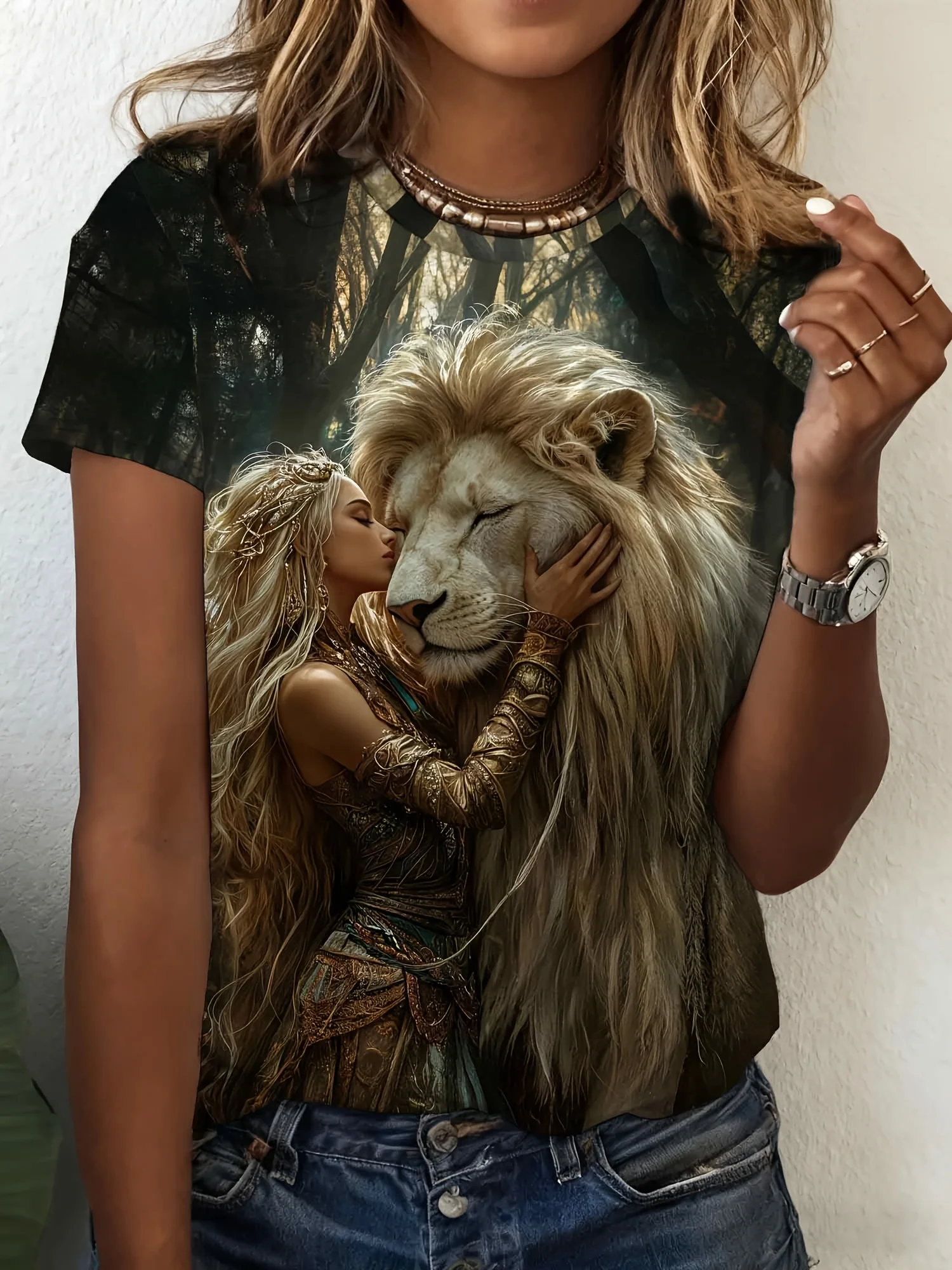 Women Crew Neck Short Sleeve T‑Shirt, Mystic Lady With White Lion Forest Wildlife Fantasy Art Graphic Tee