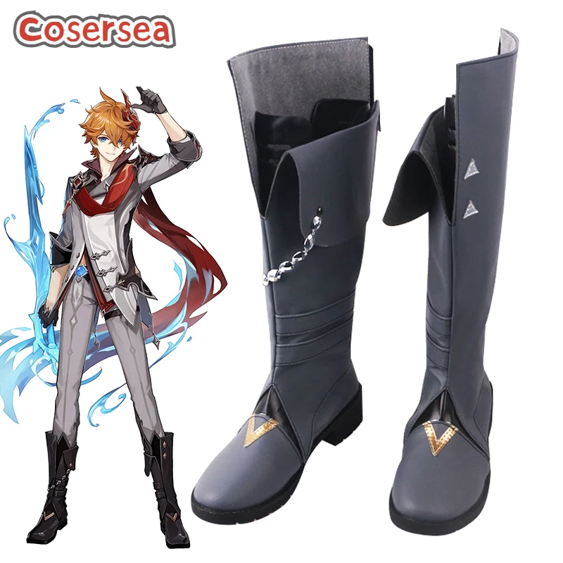 

Cosersea Game Genshin Impact Tartaglia Cosplay Shoes Female Or Male PU Leather Women Black Flat Boot Halloween