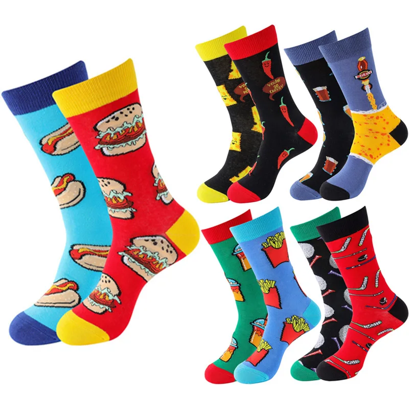 Combed Cotton Man Socks Creative Different Design Fashion Hip Hop Hamburger Fries Pepper Rocket Skateboard Happy Funny Socks