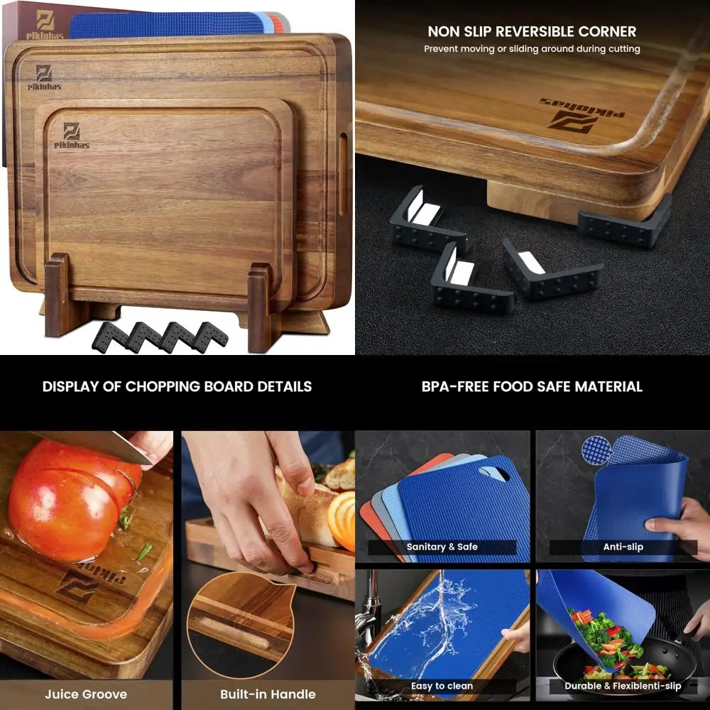 

Large Acacia Wood Charcuterie Boards Set of 7 with Holder and Non-Slip Feet, Perfect for Kitchen Use and Serving Platters